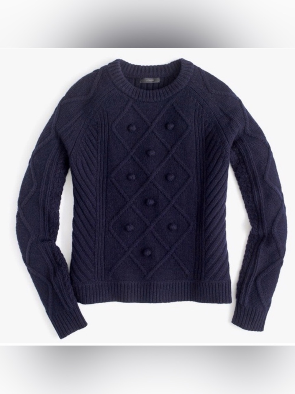 J. Crew Women’s 100% Wool Navy Pom Pom Crewneck Cable Knit Sweater